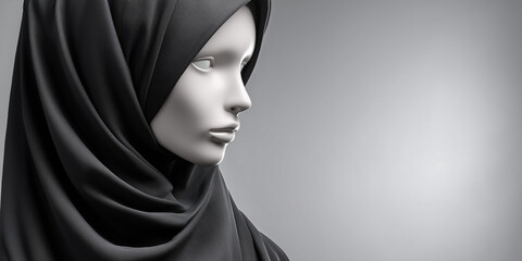 Mannequin wearing black hijab in monochrome close-up  