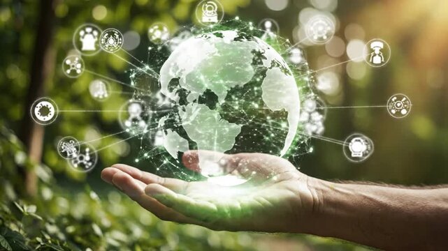 Holding a digital Earth in hand, symbolizing global connection and environmental awareness, perfect for illustrating sustainability and technology concepts
