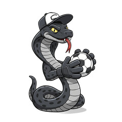 Cartoon snake holds a soccer ball wearing a cap.