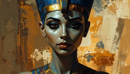 Portrait of a regal figure with elaborate headdress and defined facial features, set against an abstract, textured backdrop