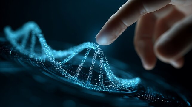 Human Finger Interacting with Digital Representation of DNA Helix on Dark Background in Conceptual Biotech Scene