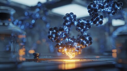 Abstract molecular structure glowing in laboratory setting with vibrant blue and orange lighting effects
