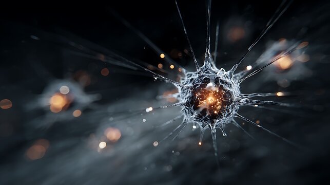 Abstract representation of molecular structures with glowing particles and dynamic light bursts against a dark background