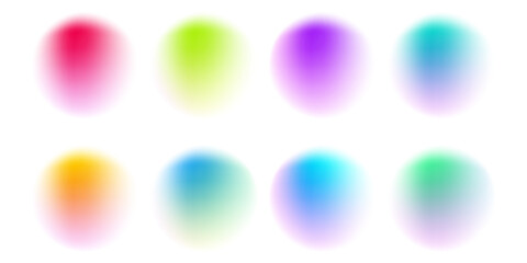 Set color circle gradient noise gradation. Abstract colorful watercolor blur mesh shape on white background. Gradient aura, grain neon blob with noise effect vector illustration.
