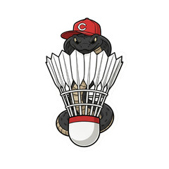 Cartoon snake in red cap holding shuttlecock up