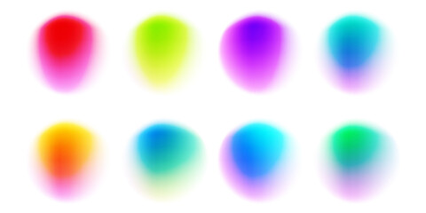 Set color circle gradient noise gradation. Abstract colorful watercolor blur mesh shape on white background. Gradient aura, grain neon blob with noise effect vector illustration.