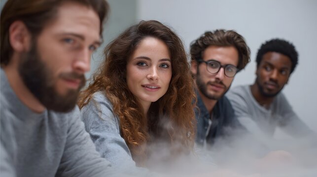 A diverse team of professionals collaborating intently in a modern meeting room with dramatic fog
