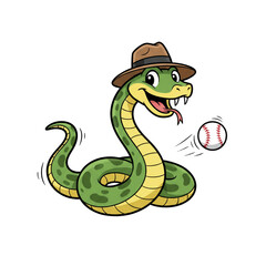 Fototapeta premium Cartoon snake wearing a hat throws a baseball.