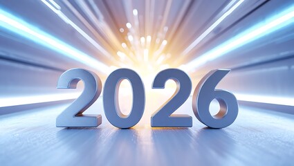 The year 2026 is displayed with bright light streaks in the background