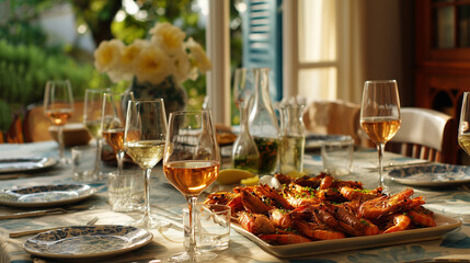 garlic shrimp and cocktail drinks on the restaurant table
