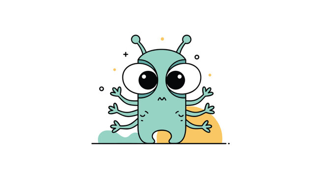 An adorable, wide-eyed blue-green cartoon monster with multiple limbs and antennae expresses a miffed or grumpy expression.