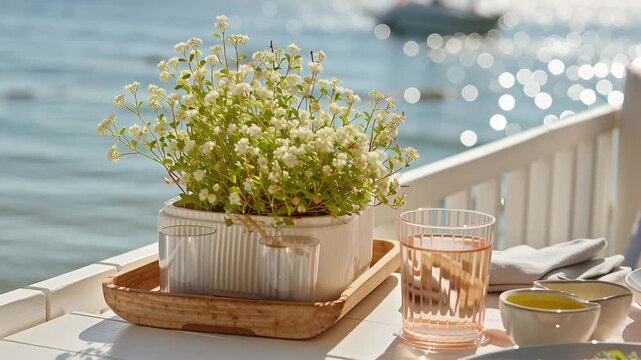 seaside Outdoor Table Food and Flowers