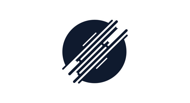 Dynamic abstract dark blue circle graphic with multiple diagonal white lines, representing speed, technology, and modern progress.