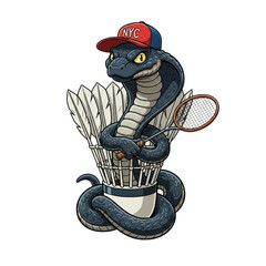 Cobra with a NYC baseball cap and Badminton gear