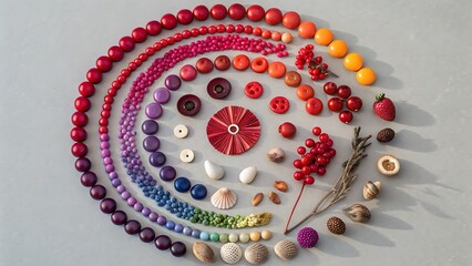 An artistic arrangement of colorful beads, seeds, and dried fruits in a spiral pattern, showcasing a spectrum of natural hues and textures on gray background