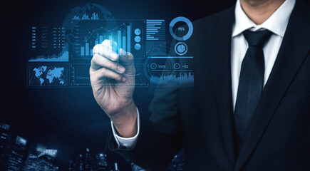 A business professional engages with advanced data visualization in a digital environment, illustrating financial analysis and strategic decision-making in a corporate setting. Scalp