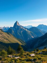 Fototapeta premium Vast mountain vista from remote campsite, peaks loom in distance, mountains, Wind River Range