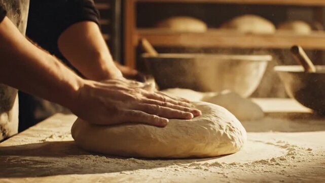 Hand kneading bread dough with flour