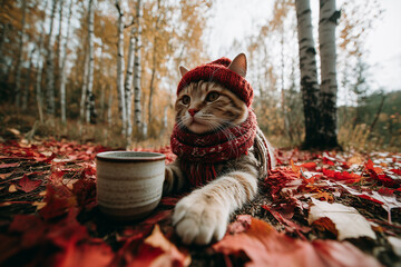 Funny cat sits in an autumn forest wearing knitted scarf and hat and drinking coffee. Autumn atmosphere.