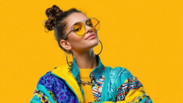 A woman wearing a yellow and blue jacket and sunglasses. She is smiling and looking at the camera