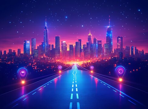 Neon city skyline at night with glowing road and map pins image
