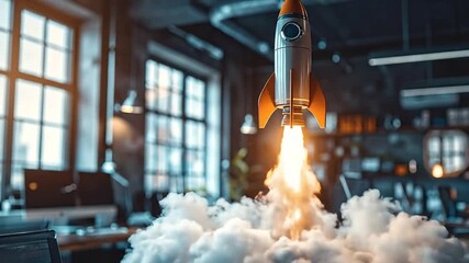 Dynamic rocket launch within a modern office setting, symbolizing the ambitious takeoff of innovative business ventures and accelerating startup success - Powered by Adobe