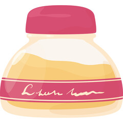 Small Glass Jar With Pink Lid Filled With Yellow Liquid And A Pink Label Decorated With White Script On A Transparent Background
