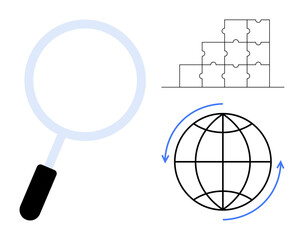 Search concept. Magnifying glass, global connectivity, and puzzle system search, analysis, and problem-solving. Search for knowledge, innovation and data organization. Perfect for business global
