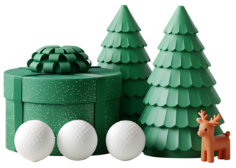 Green Christmas gift with trees and golf balls isolated on a transparent background