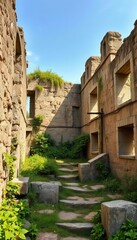 Fototapeta premium Crumbling ancient stone ruins, weathered by time and harsh elements, overgrown with vines, stone, texture