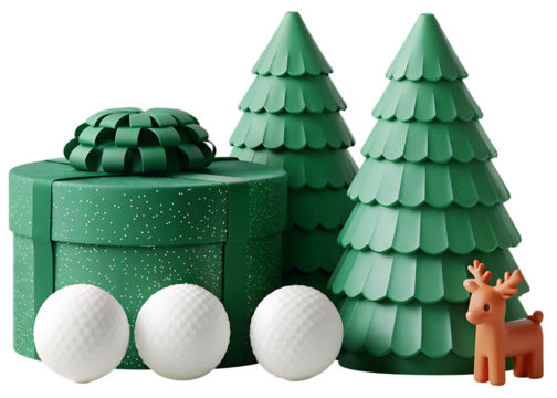 Green Christmas gift with trees and golf balls isolated on a transparent background - Powered by Adobe