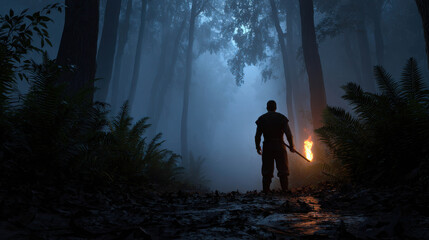 Mysterious Figure in Dark Forest with Torchlight Illuminating Foggy Scene and Enigmatic Atmosphere