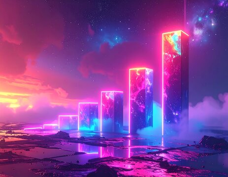 A vibrant, neon-lit digital illustration of ascending, rectangular structures set against a cosmic, ethereal backdrop with clouds