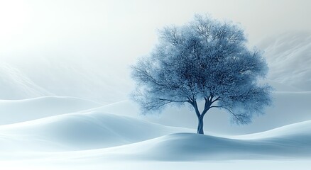 Single blue frosted tree on snow covered rolling hills landscape winter