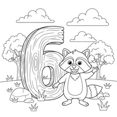 Raccoon Number 6 in the Forest coloring page. Cute cartoon animal illustration. Smiling raccoon standing next to a number six carved from wood in a natural outdoor setting. Fun activity for kids.
