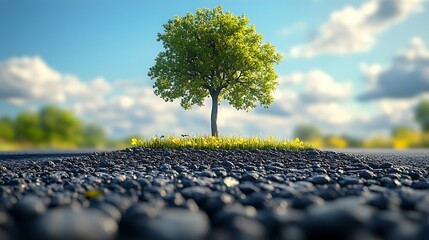 Single green tree with yellow flowers on asphalt road under blue sky single tree nature