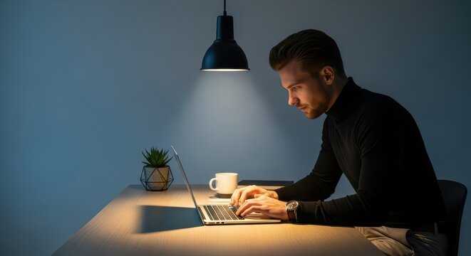 Focused young caucasian male in turtleneck working on laptop in dimly lit modern office