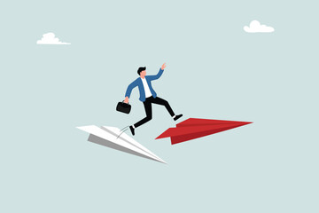 Obraz premium Change for the better, innovation to aid success or a career shift to a new path, alternative approach, or direction. Entrepreneurs jump from old paper airplanes to new ones.