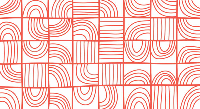 Geometric pattern of squares filled with semi-circles and parallel lines in red against a white background.