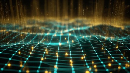 Dynamic blue and gold grid animation simulating digital network data transfer background - Powered by Adobe