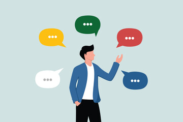 Verbal or oral communication skills, public speaking to explain or discuss, convey a message or speech concept, confident entrepreneurs speak with lots of speech bubbles.