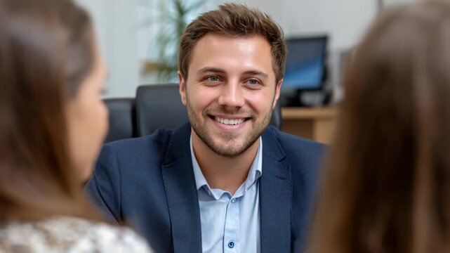 Smiling businessman suit office meeting conversation with colleague, confident friendly expression and relaxed professional calm atmosphere during