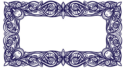Ornate frame with swirling, floral, and geometric elements in blue, surrounding a rectangular white space.