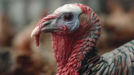 Close up shot of a turkey displaying its red wattle and unique feather patterns on its body
