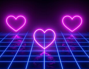 Glowing neon hearts on a grid floor, dark background