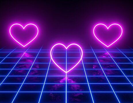 Glowing neon hearts on a grid floor, dark background - Powered by Adobe