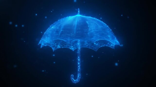 A glowing digital blue umbrella made of interconnected dots. 4k video