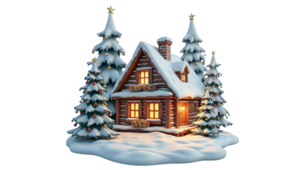 Charming snow covered log cabin nestled amongst decorated Christmas trees on a winter's night scene.