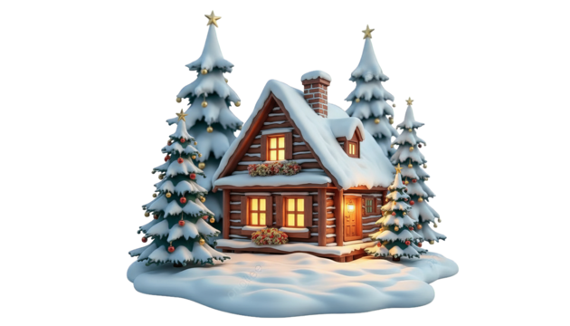 Charming snow covered log cabin nestled amongst decorated Christmas trees on a winter's night scene.