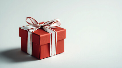 small red gift box with white ribbon sits elegantly on light background, symbolizing celebration and surprise